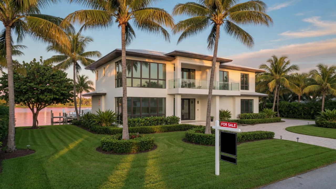 Palm Beach County waterfront home with For Sale sign in late afternoon sunlight.