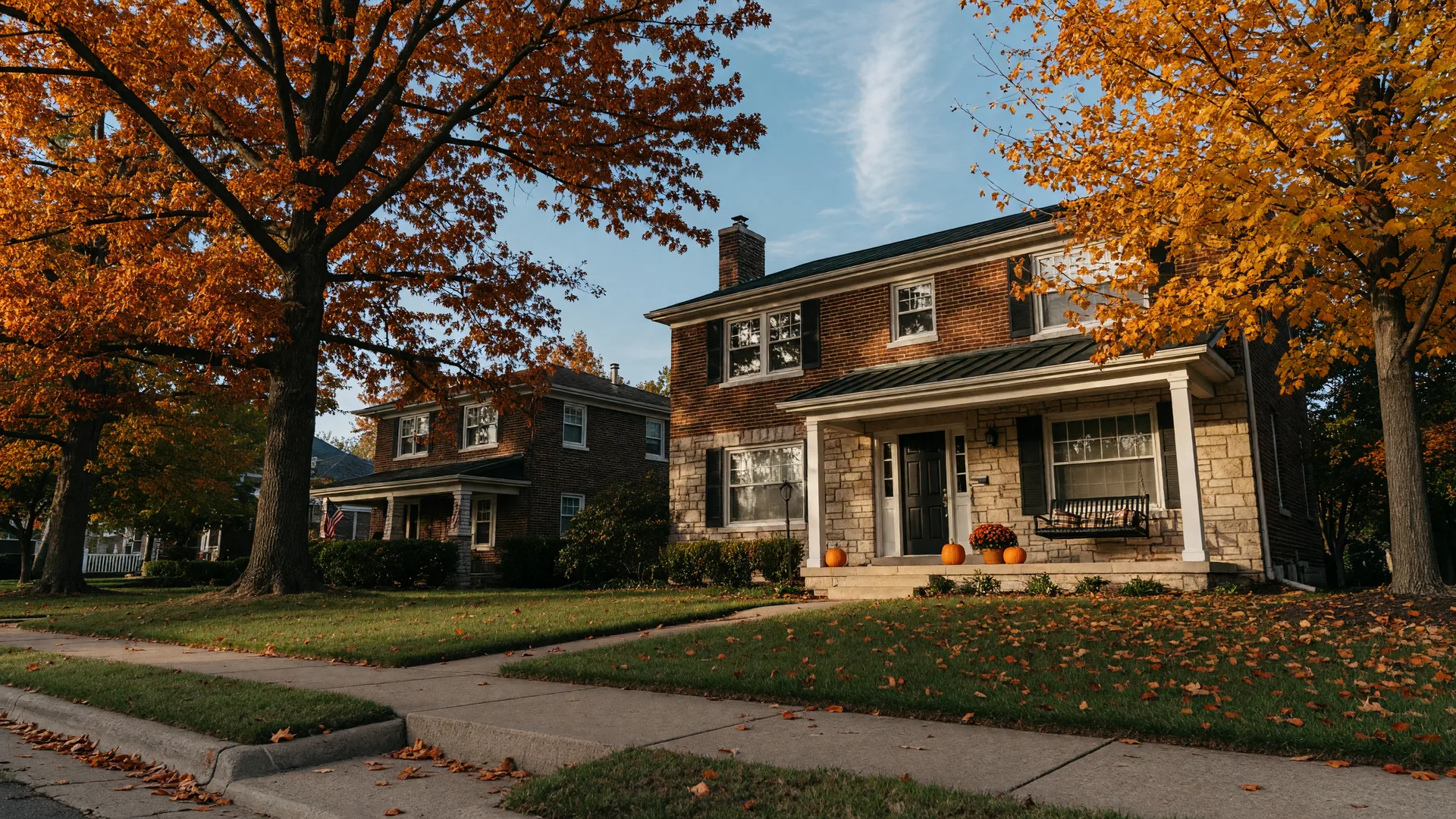 Warm autumn view of a brick and stone home in a Tulsa Metro suburb with a covered front porch and amber oak trees