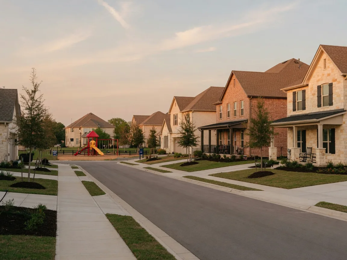 Newer master-planned community street with stone-and-brick homes in Schertz, Texas