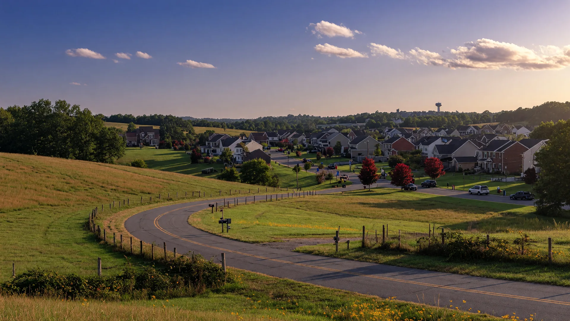 Scenic landscape of Prince William County, Virginia showing rolling hills and suburban communities on a late summer afternoon