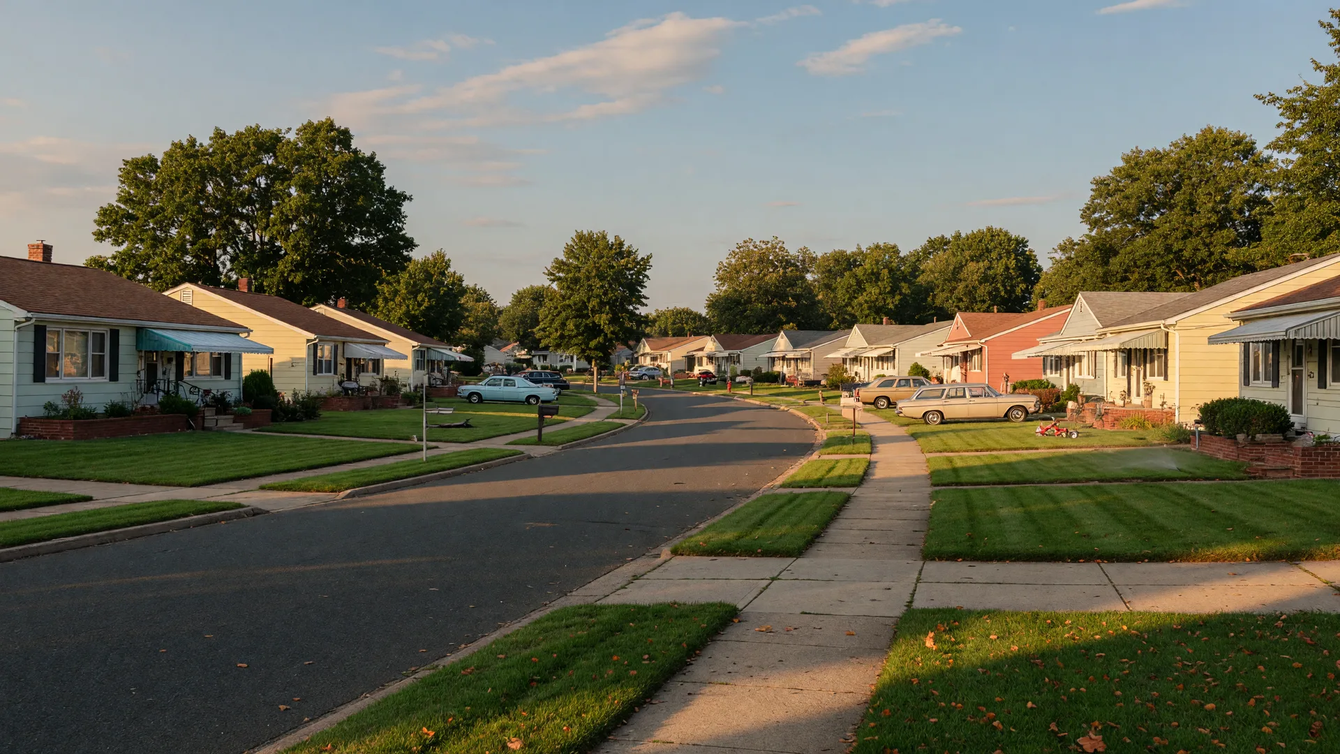 Mid-century ranch homes on a tree-lined Levittown-era street in Willingboro, New Jersey at golden hour