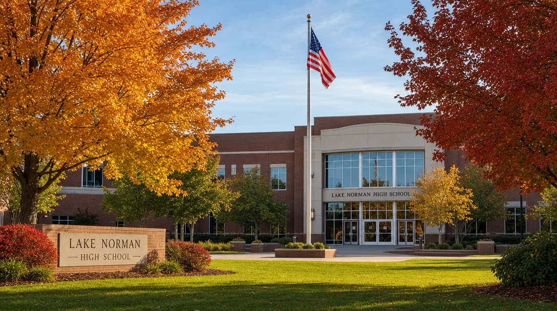 Lake Norman High School building entrance with autumn foliage in golden morning light