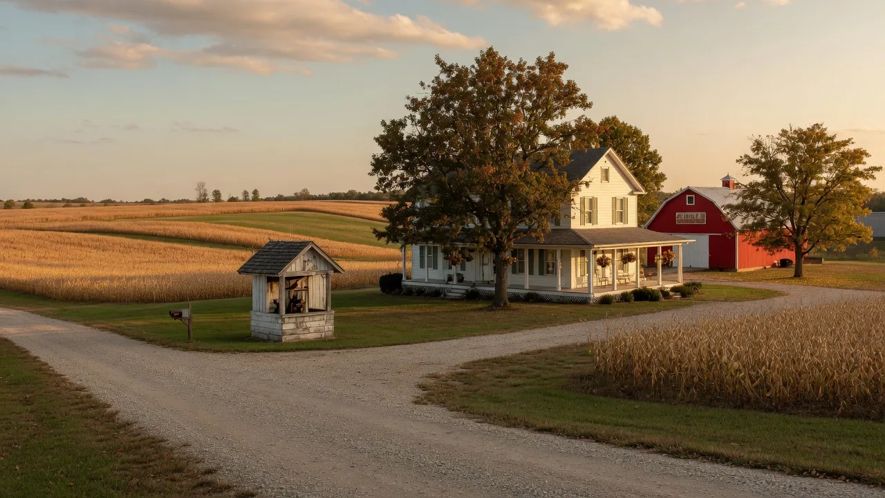 A white two-story farmhouse on acreage in rural southern Ohio with a gravel driveway, red barn, and well-house, surrounded by rolling crop fields at golden hour