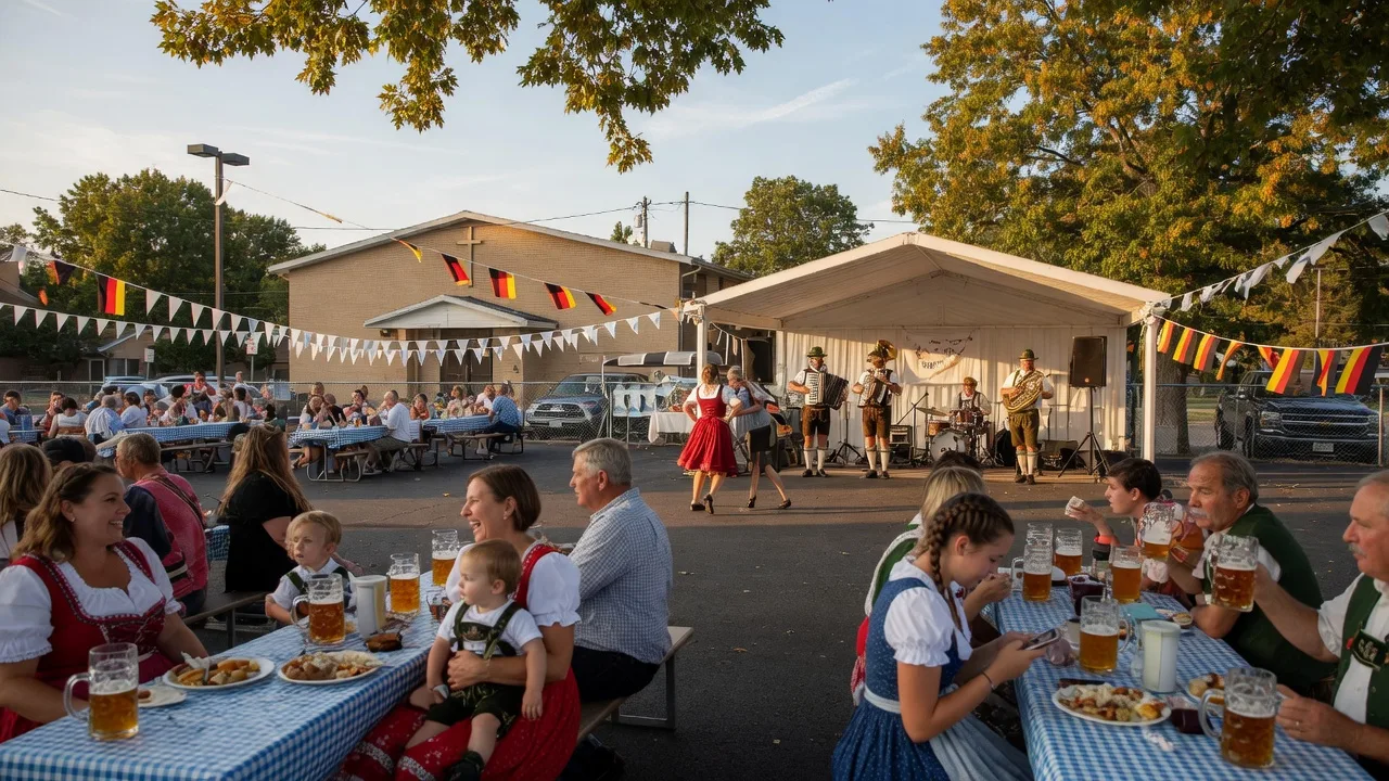 Families at a small-town German Oktoberfest with beer steins, German flags, and a polka band under a pavilion