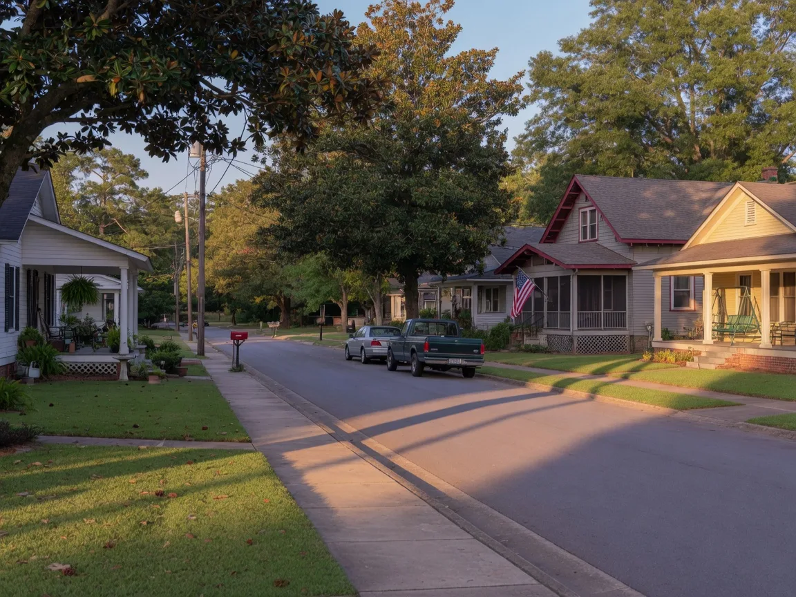 Residential street in Florence SC: ranch and craftsman homes with front porches and mature shade trees in late afternoon light, typical of the Florence SC real estate market