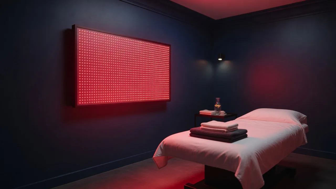 A clinic-grade red and near-infrared light therapy panel in a treatment room at Thrive EECP