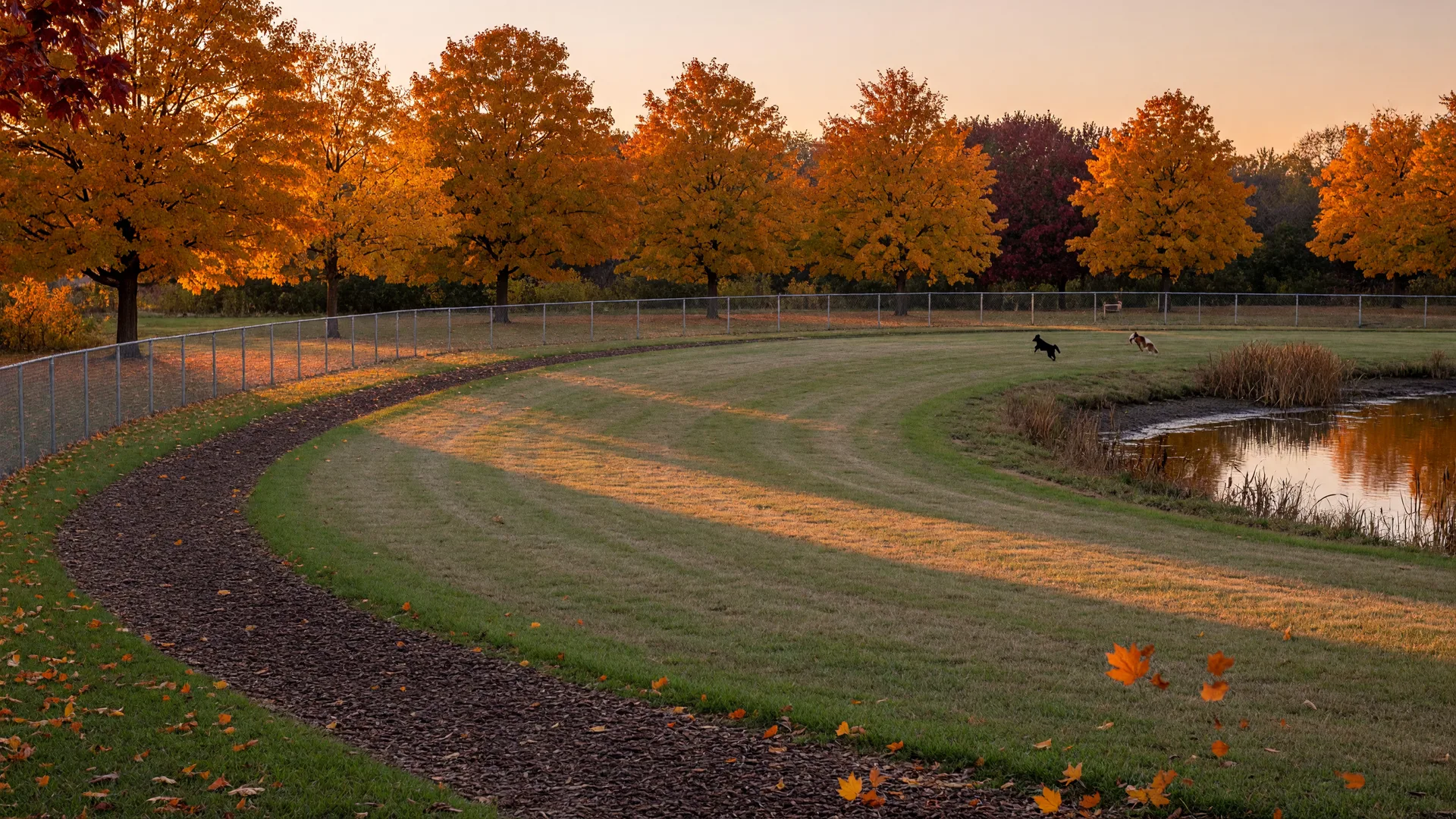 An off-leash dog park in Minnesota in autumn, golden trees ringing a fenced grass field
