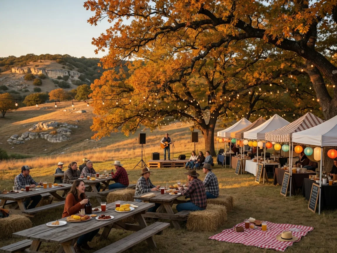 Autumn festival with string lights, hay bales and vendor tents under the oaks at Vista Brewing in Driftwood