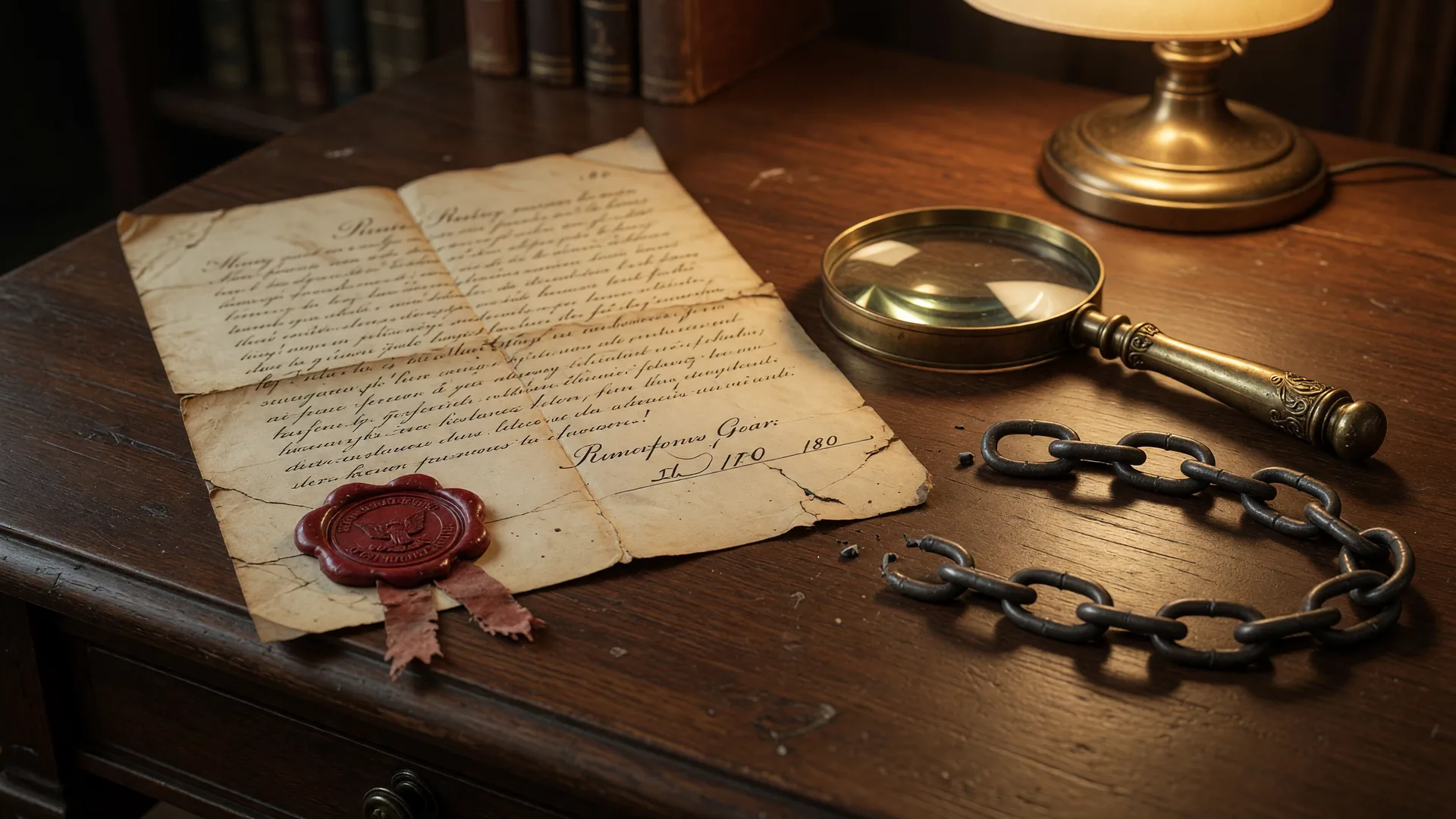 An old recorded deed with a wax seal beside a magnifying glass and a metal chain with one broken link, representing a break in the chain of title