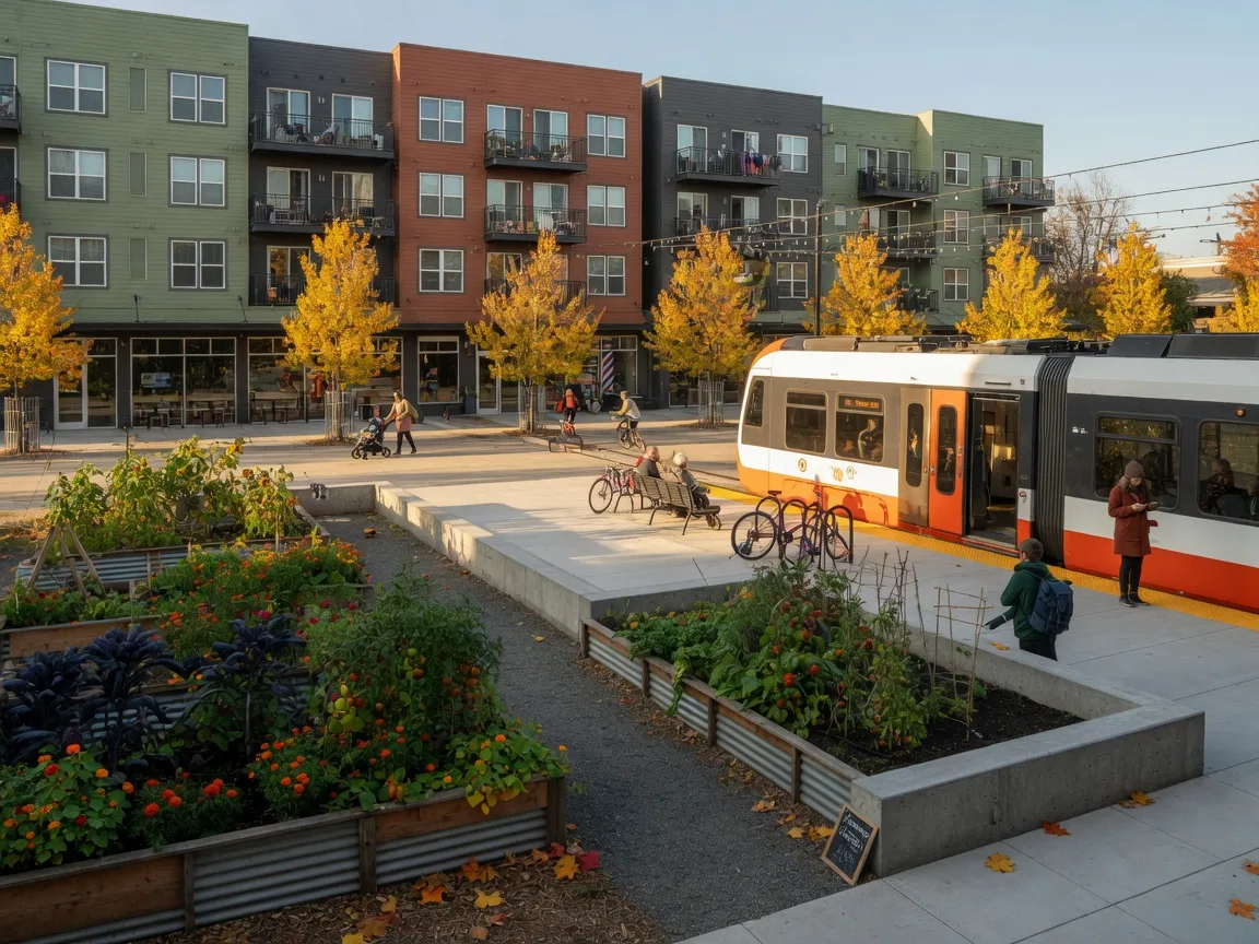 A MAX Orange Line light rail train at the Lents Town Center plaza with community gardens and new mixed-use buildings