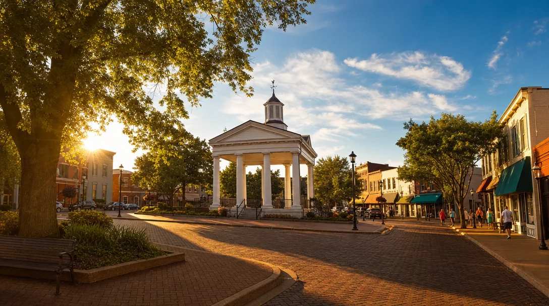 Historic downtown Liberty, Missouri square with charming storefronts and a classic courthouse on a sunny afternoon