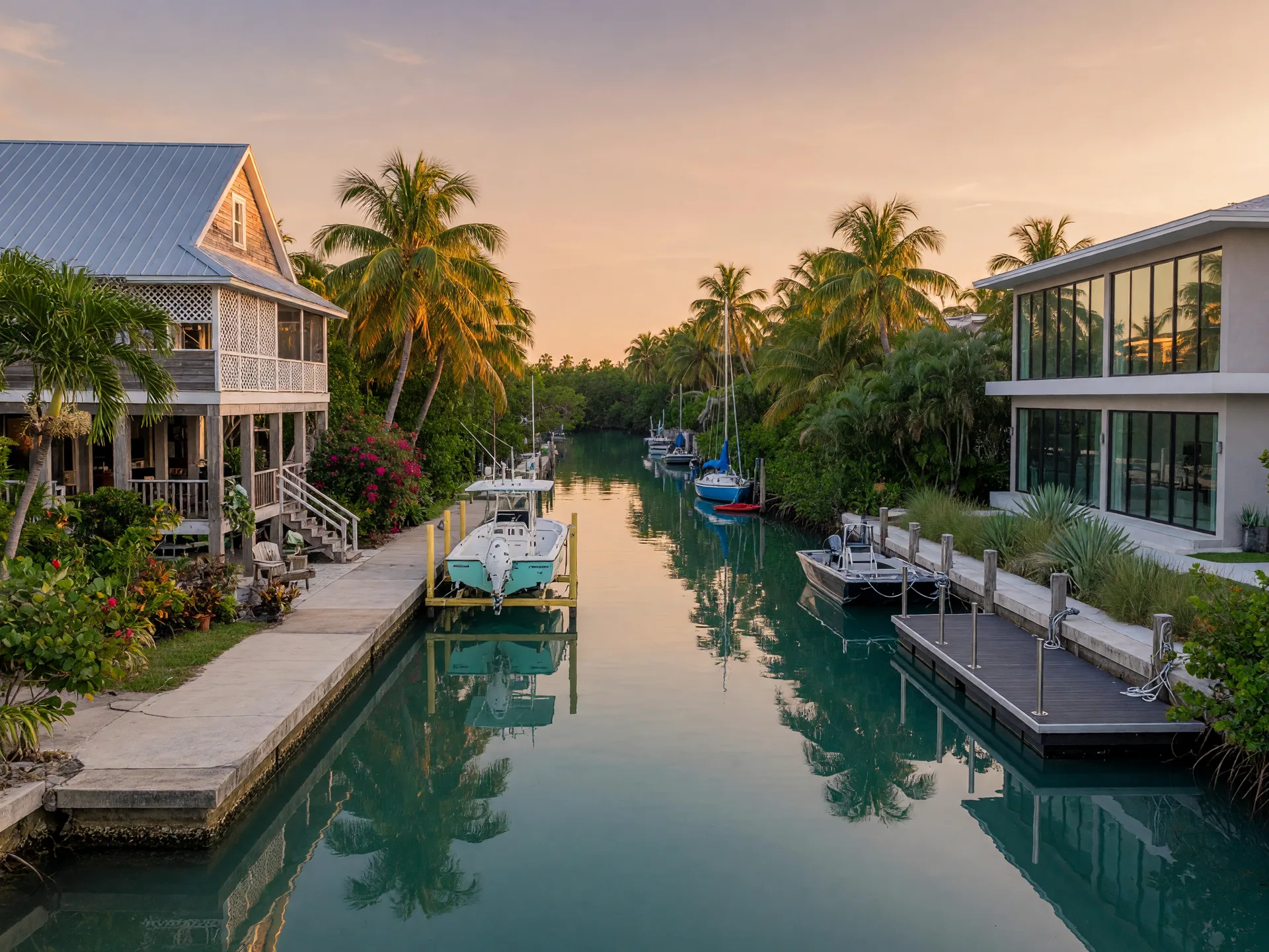 Two distinct luxury waterfront homes on opposite banks of a quiet deep-water canal in the Upper Florida Keys at late afternoon, a metal-roofed Keys home with a concrete boat-lift dock facing a modern impact-glass coastal home, calm turquoise water reflecting warm light
