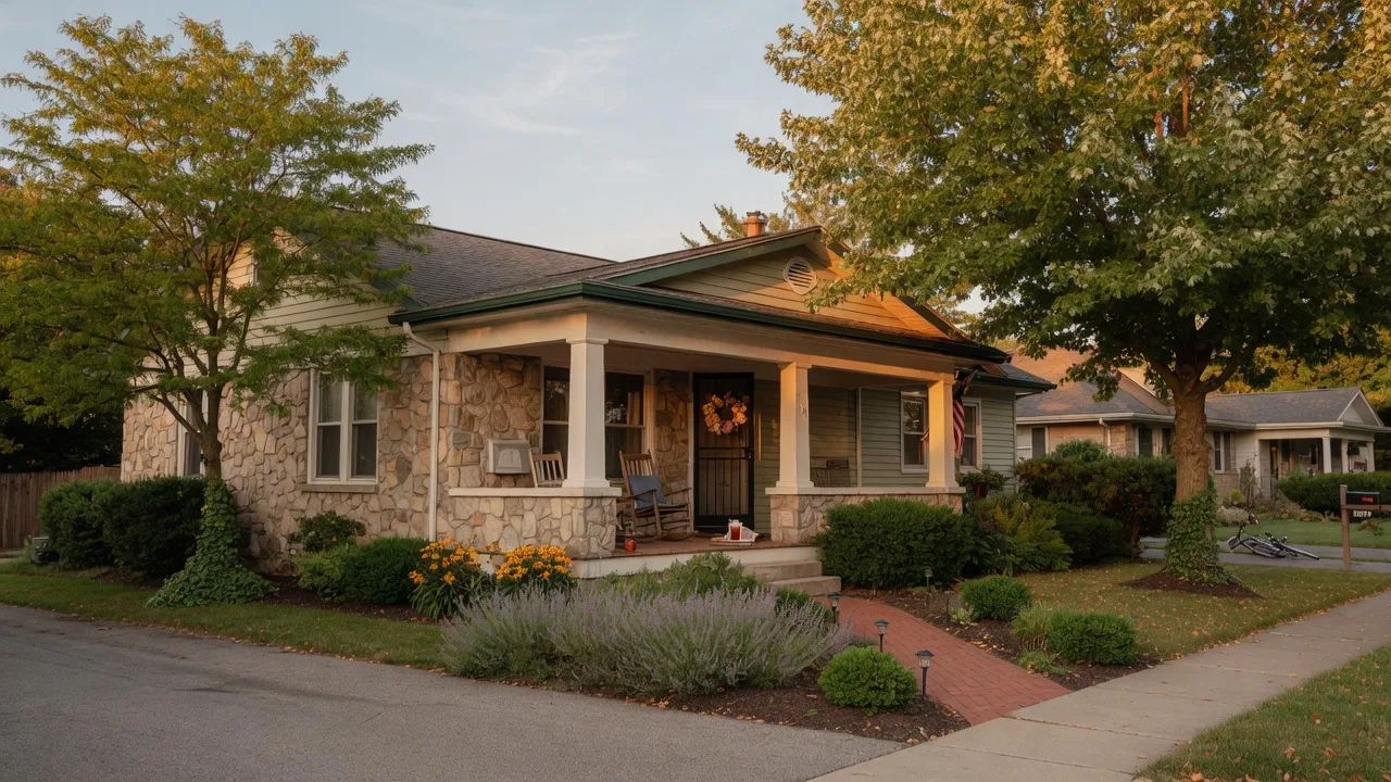 Welcoming ranch-style home in a peaceful Northwest Indiana neighborhood with warm golden-hour light, stone facade, covered front porch, and low-maintenance landscaping