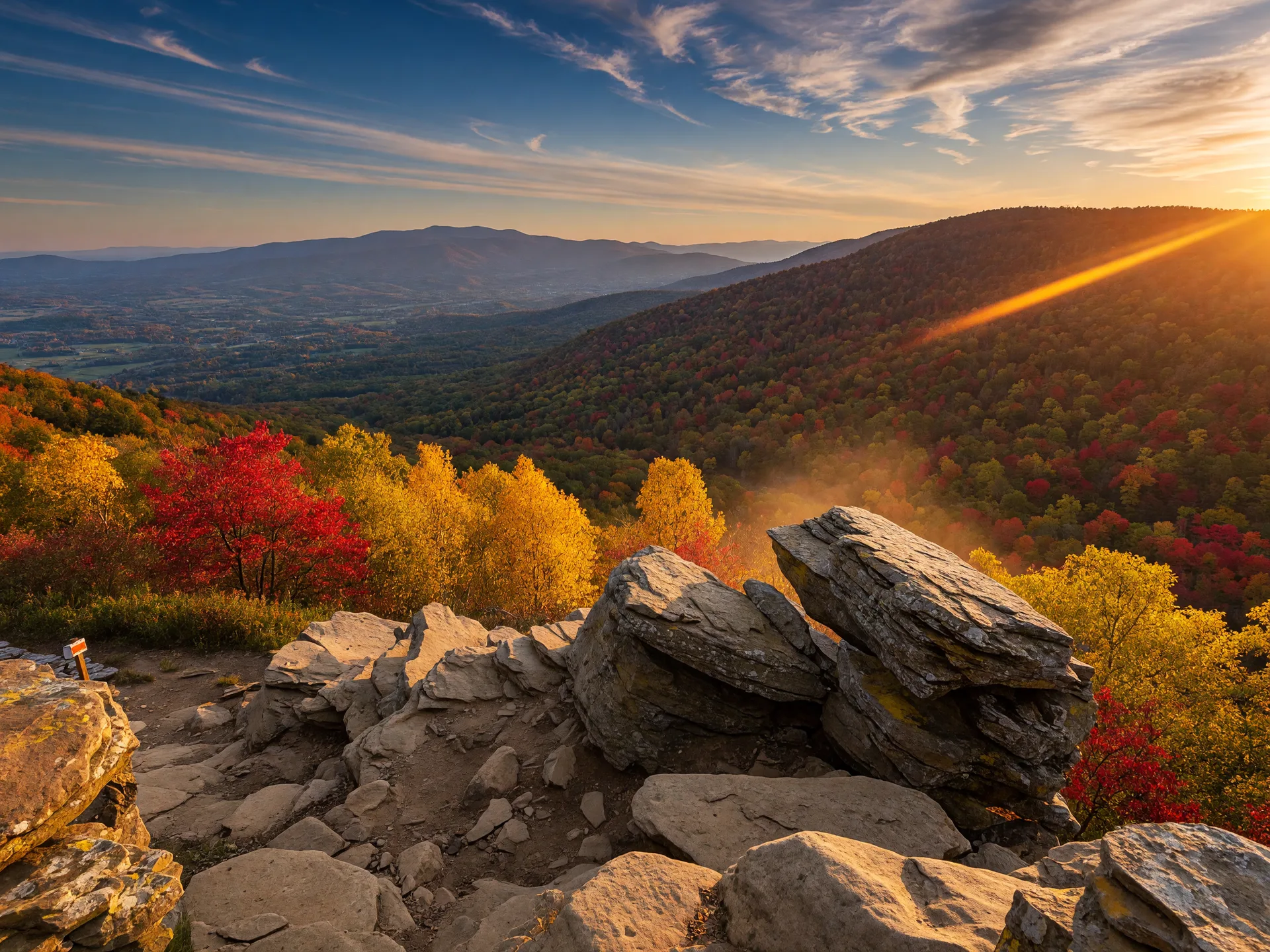 A warm golden-hour view from the Bake Oven Knob overlook on the Kittatinny Ridge in Lehigh County, with rocky Appalachian Trail ledges in the foreground and the Blue Mountain ridgeline at peak fall color sweeping toward the horizon