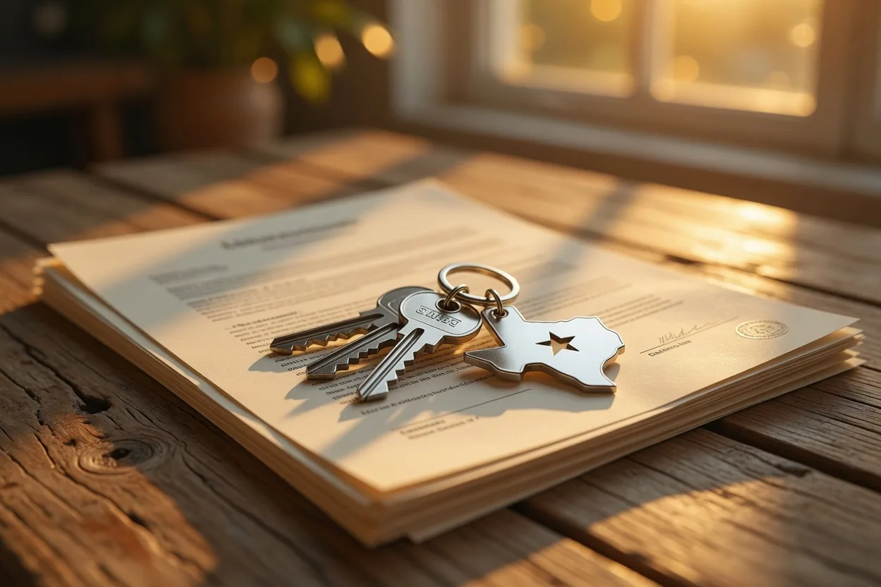 House keys with a Texas-shaped keychain resting on a lease document