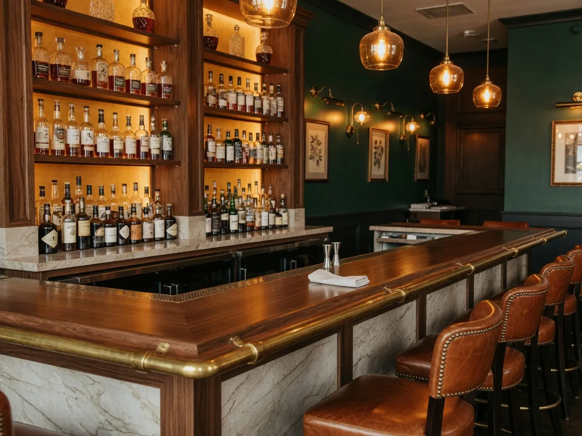 A walnut bar with brass rail, leather stools,and amber pendant lights in an upscale small-town Michigan cocktail bar