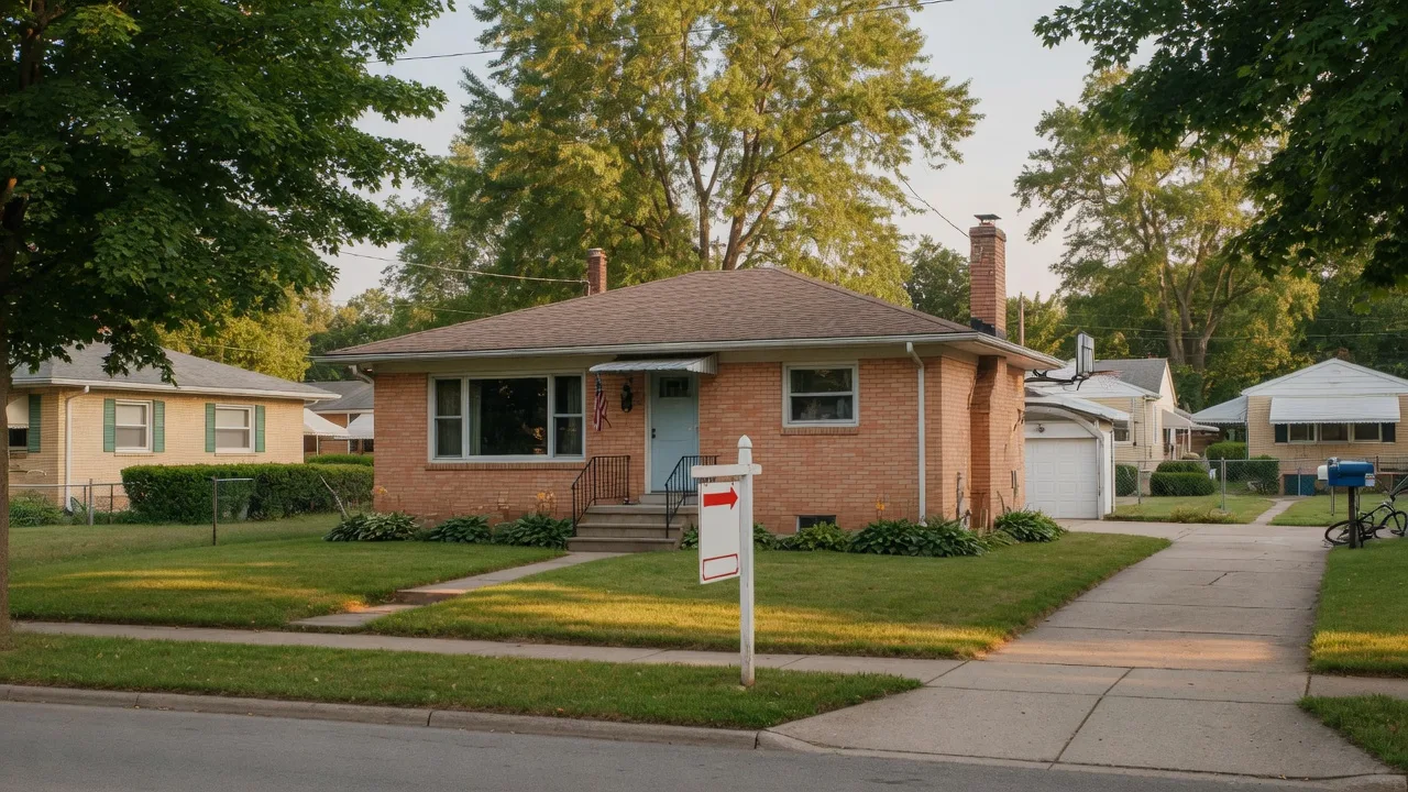 A modest brick mid-century ranch home with a For Sale sign in a Dayton Ohio neighborhood on a warm summer afternoon
