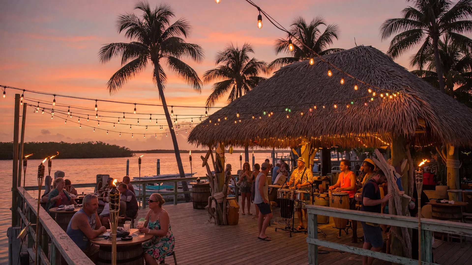 An outdoor waterfront tiki bar in the Florida Keys at sunset with string lights glowing above a wooden deck and a live band playing under a thatched roof