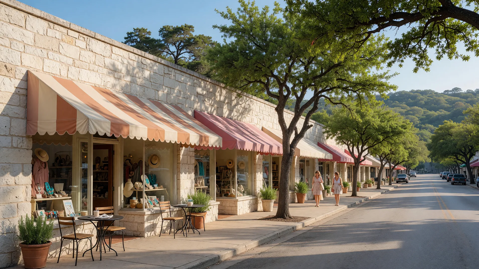 Boerne's Hill Country Mile main street with limestone storefronts and a cafe patio under live oaks
