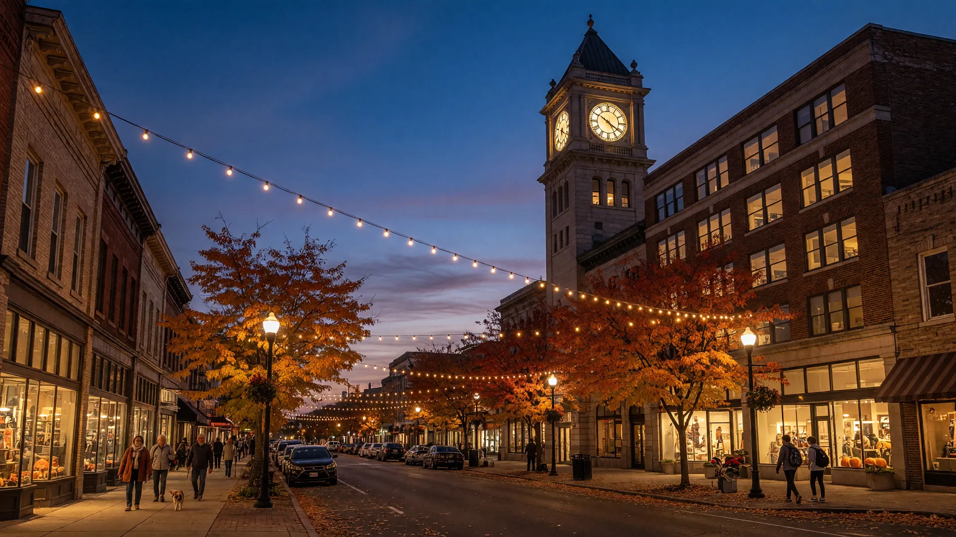 Downtown Bloomfield Center NJ at dusk in mid-October with the Royal at Bloomfield Station mixed-use building glowing with apartment windows and ground-floor retail, the historic train station clock tower, string lights along Broad Street, and maple trees at peak autumn color