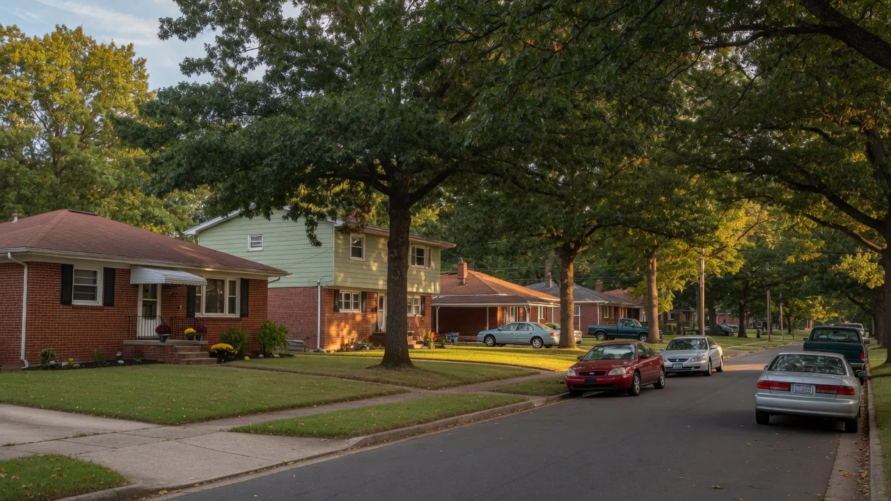 Tree-lined residential street in the Windsor Park neighborhood of East Charlotte NC with mid-century brick ranch homes and a warm late-September sky