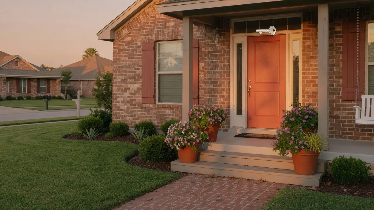 The welcoming brick front porch of a sunlit Texas family home with a key on the door frame at golden hour