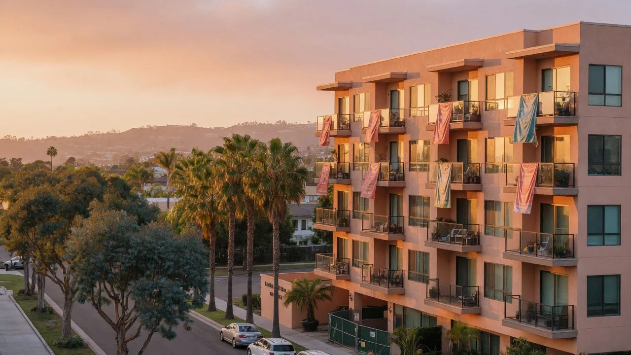 A newly delivered San Diego mid-rise apartment building at golden hour with leasing banners on upper balconies and palm trees along the street