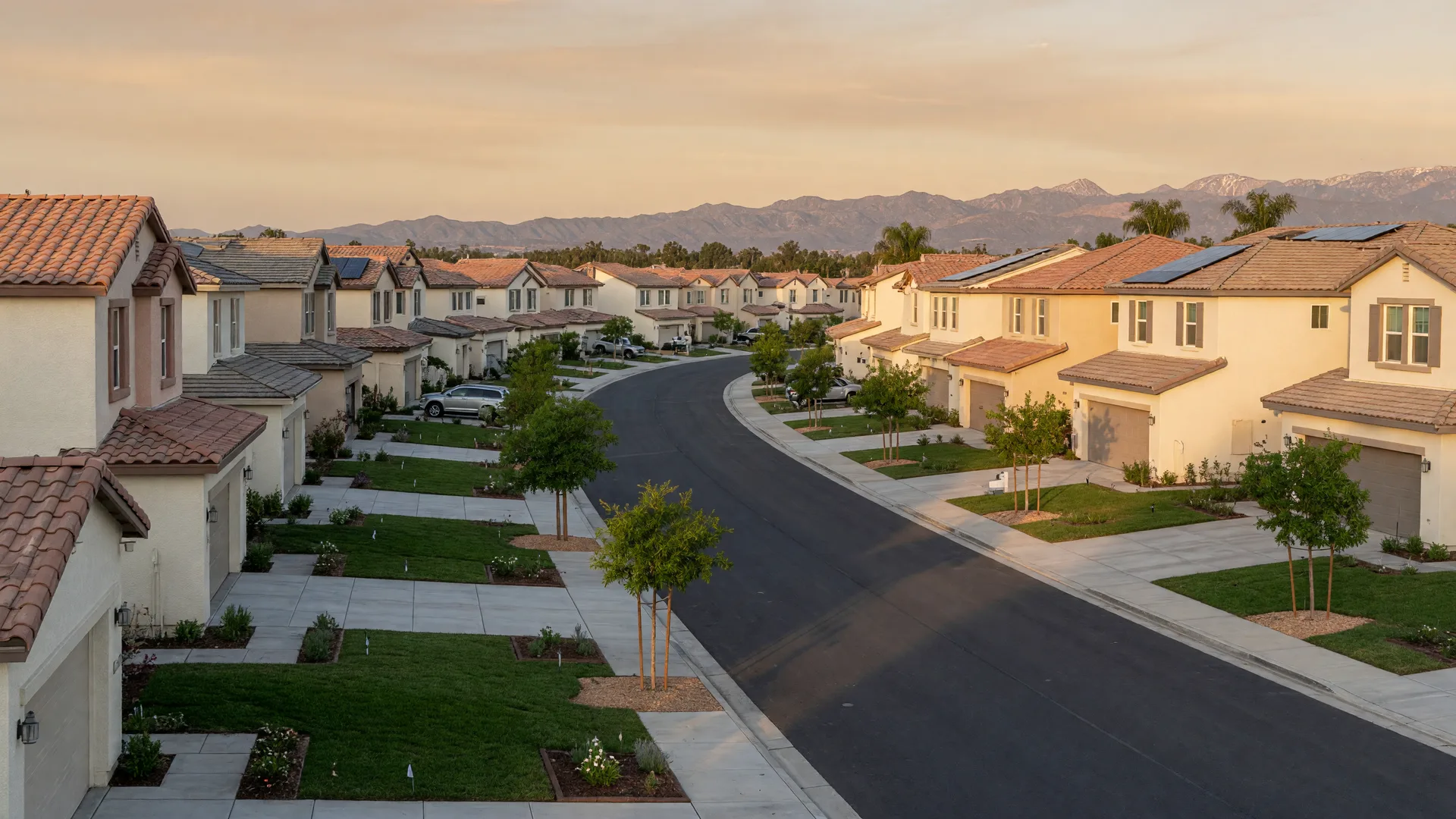 Rows of new single-family homes in a Southern California master-planned community at golden hour