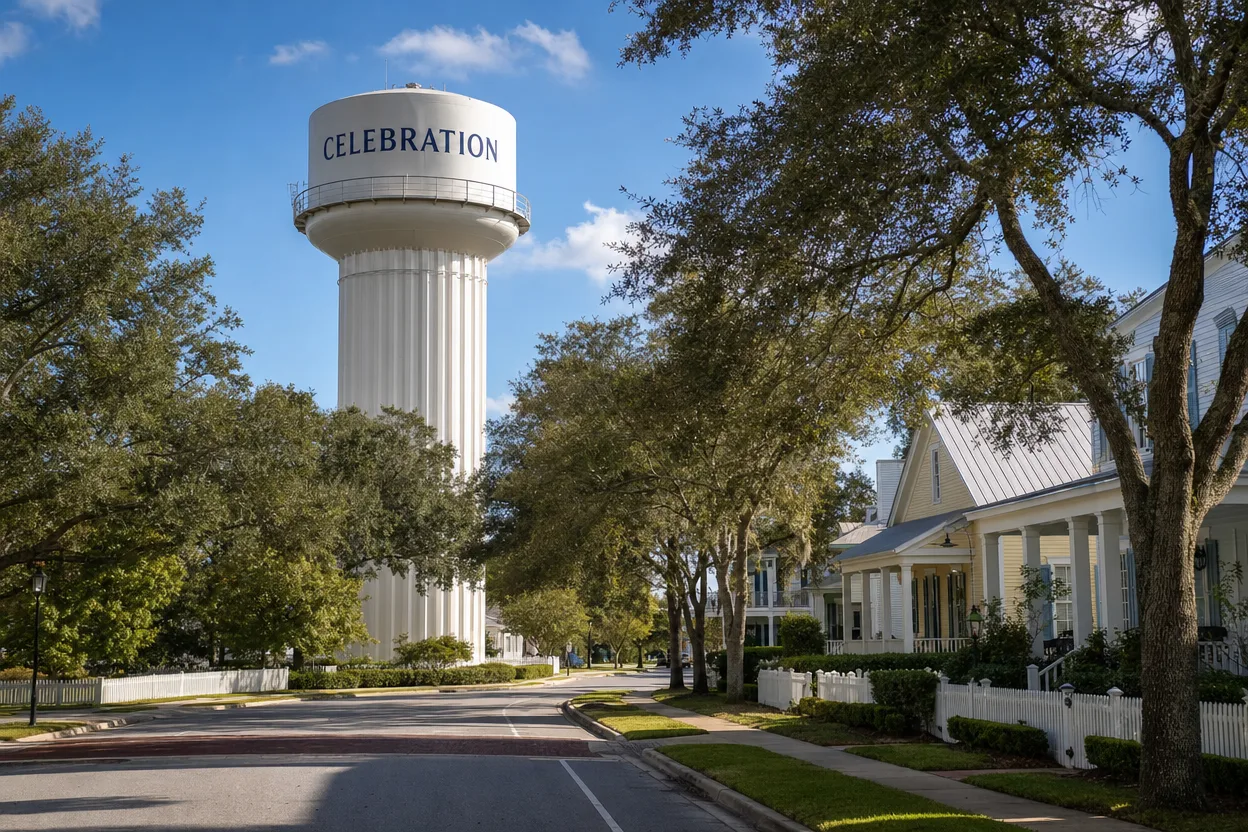 Iconic water tower marking the entrance to Celebration, Florida