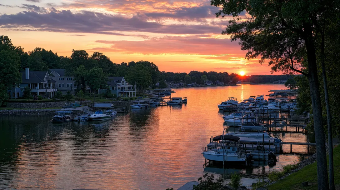Cornelius NC marina and lakeside homes on Lake Norman at sunset