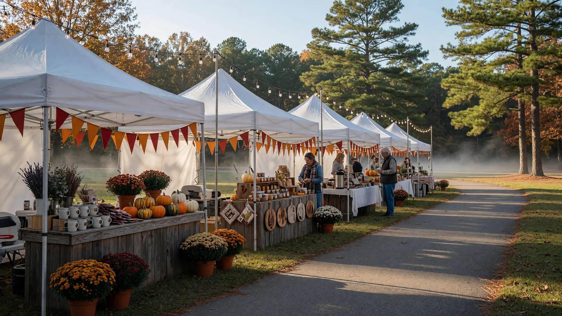 An autumn artisan market on a crisp November morning, white vendor tents and stalls along a paved path in a pine-ringed park, with pumpkins, gourds, and string lights