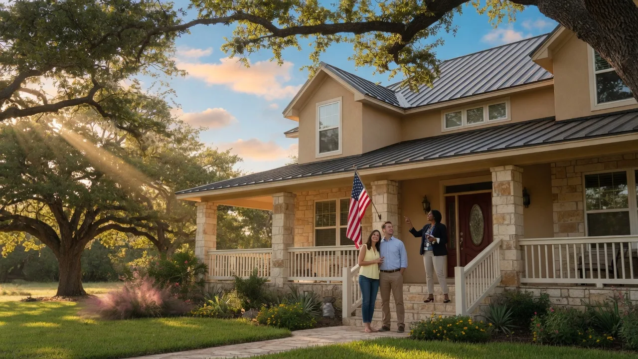First-time homebuyer couple with their real estate agent on the front porch of a Texas-style home