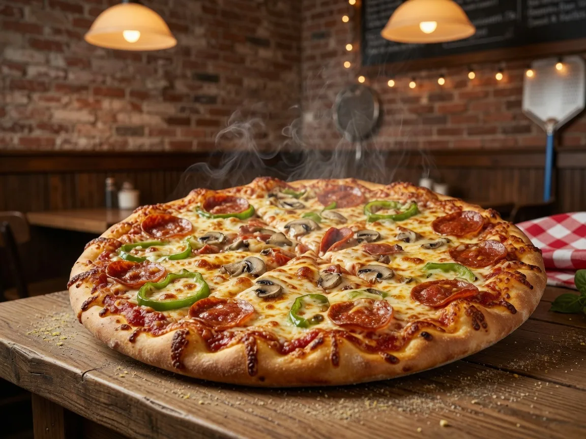 A fresh Ohio-style pizza with toppings running to the edge of the crust