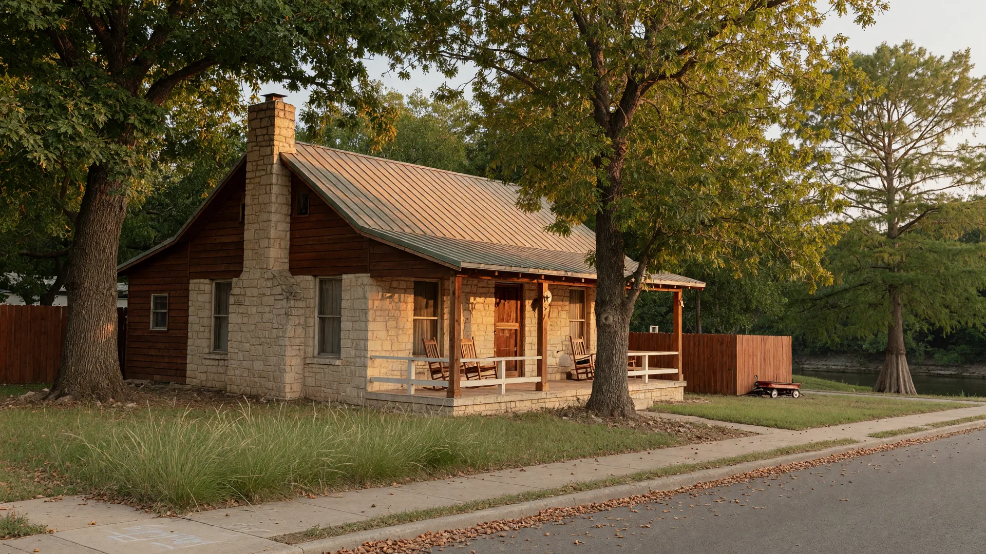 A limestone and cedar Texas cottage on a leafy New Braunfels street with a front porch and metal roof at golden hour, the kind of house a home inspector in New Braunfels reviews