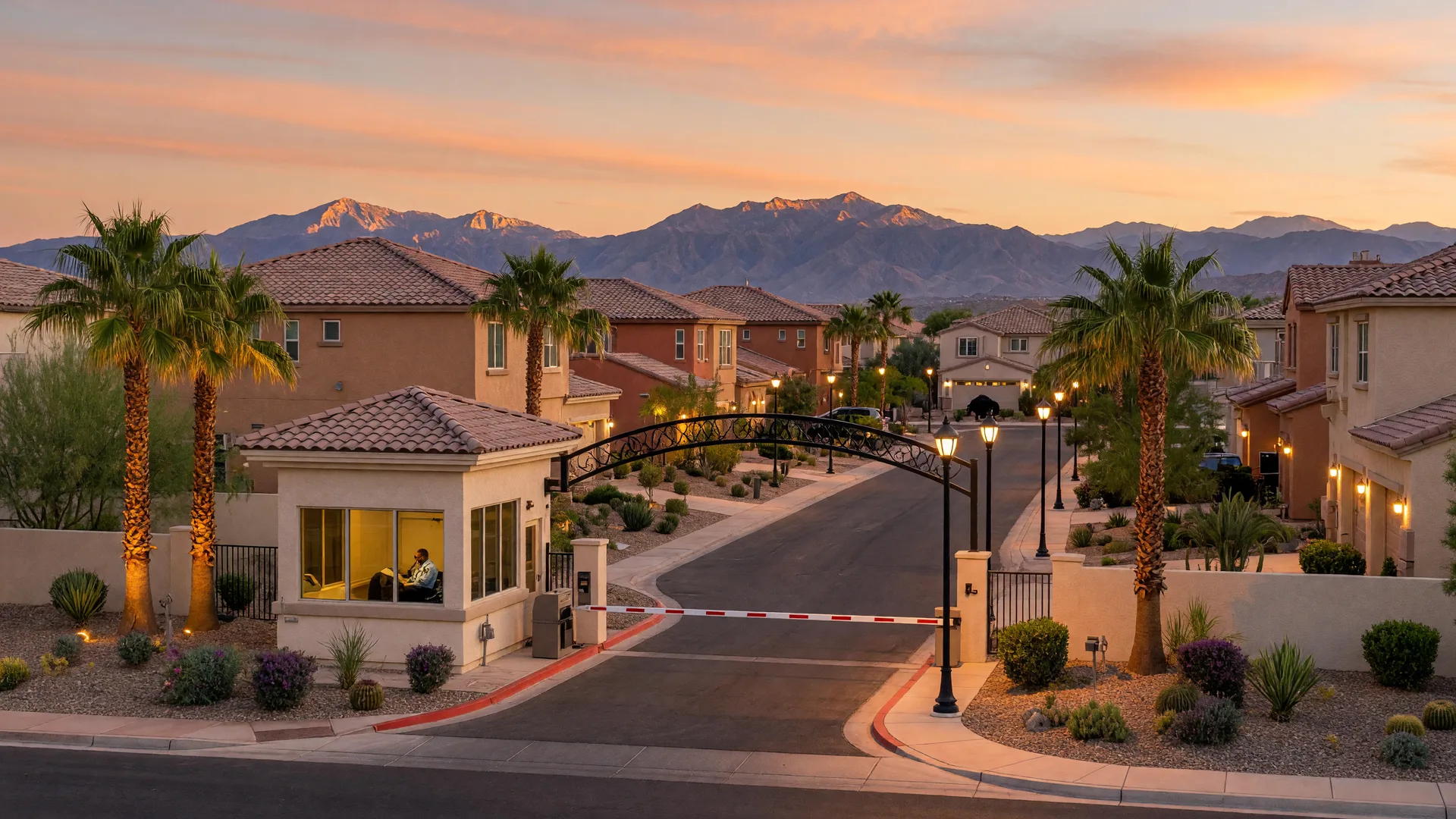 Guard-gated community entrance in Southwest Las Vegas at golden hour with a security guardhouse, palm trees, and the Spring Mountains in the distance