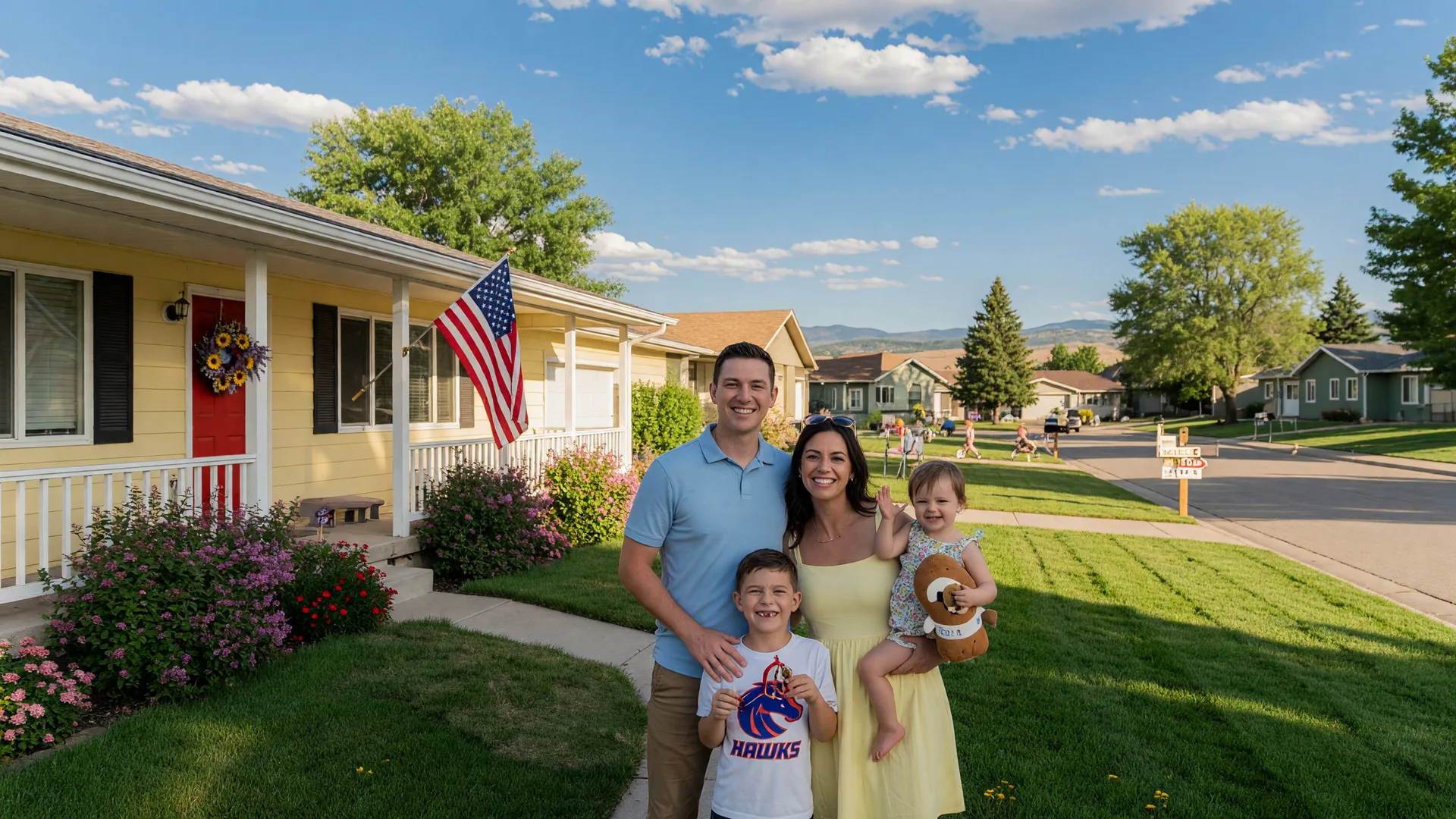 Young family in front of their first home in the Treasure Valley Idaho