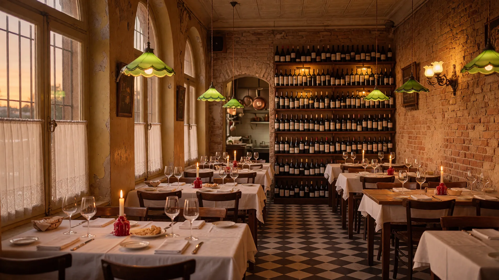 Warm Italian restaurant with a wine wall