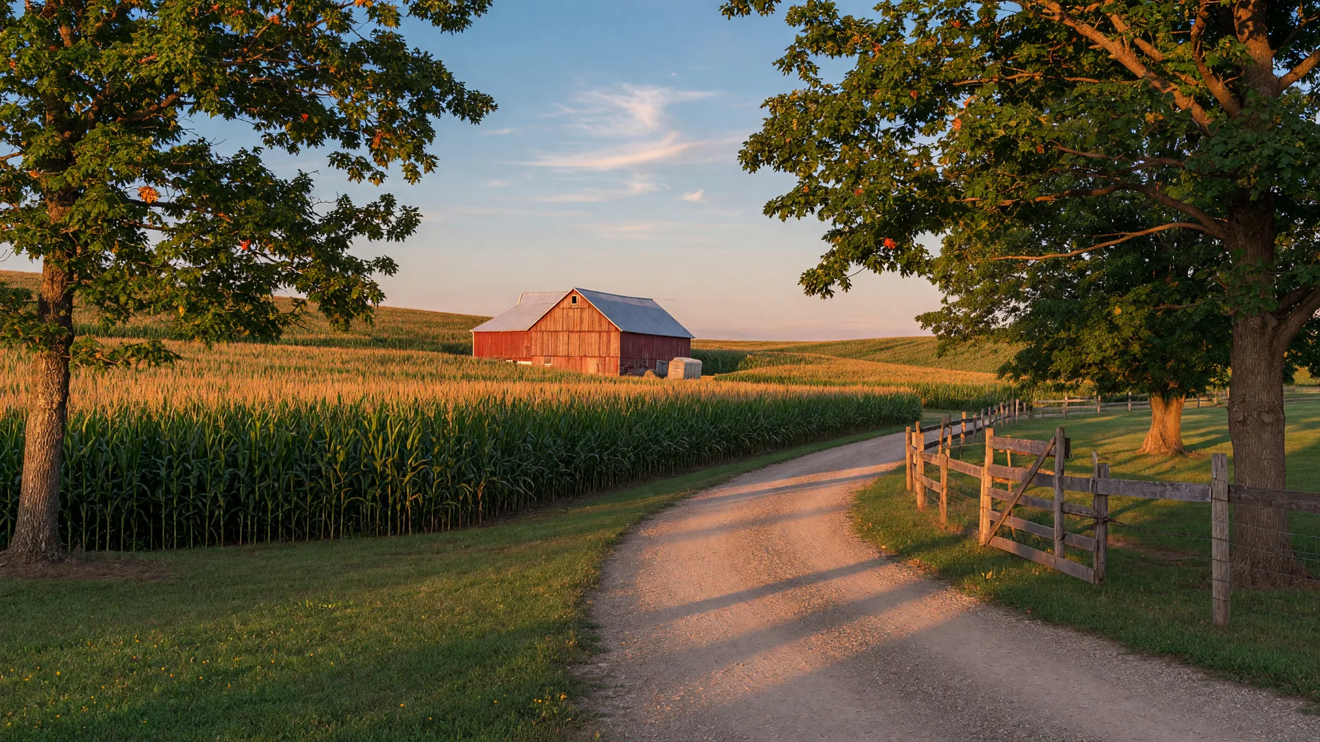 Rolling Wisconsin cornfields at golden hour with a red barn and gravel lane
