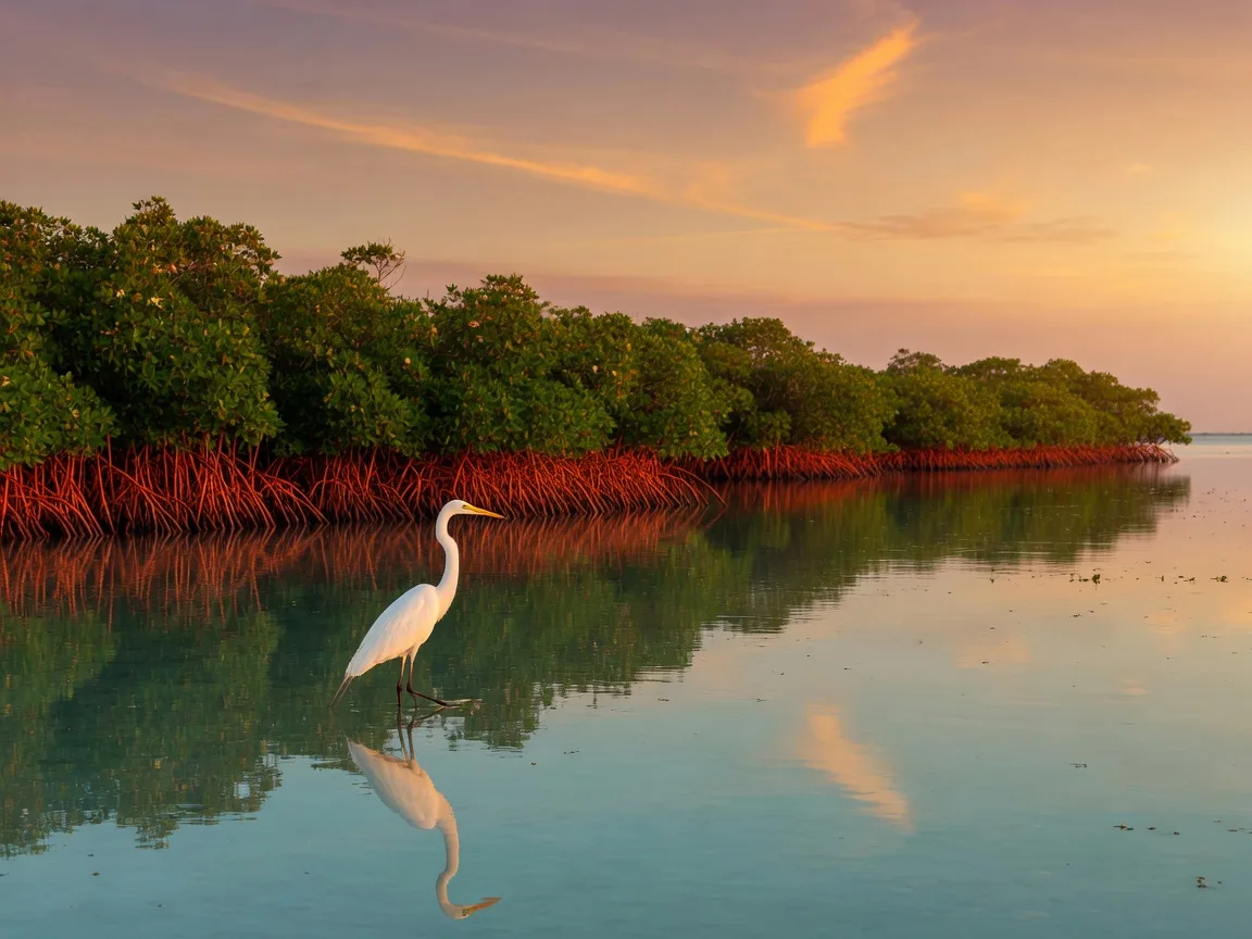 A great white heron wading in still turquoise water on a mangrove-lined flat in the Florida Keys at golden hour, with a soft reflection and a wide warm sky