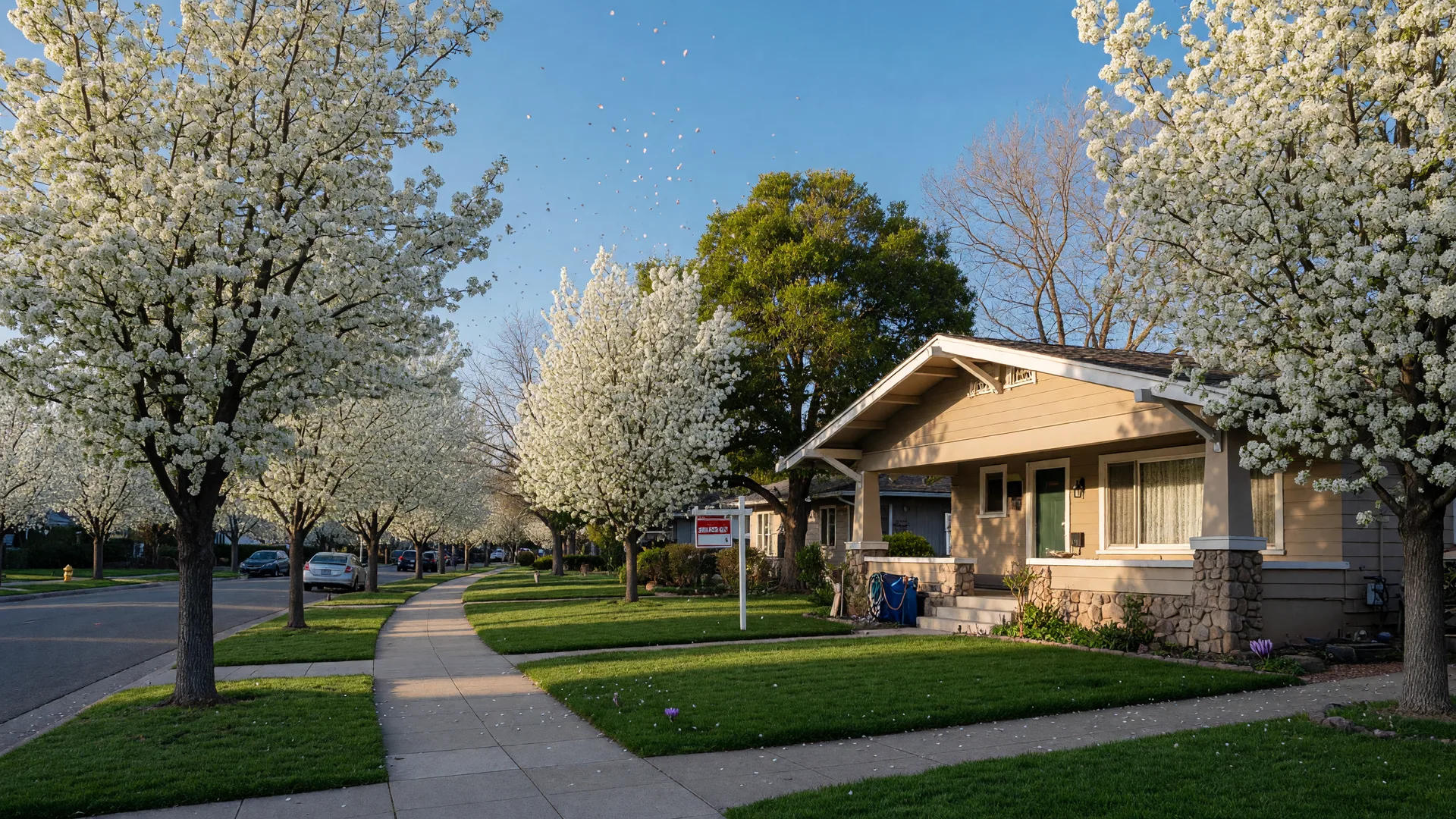 Spring blossom trees lining a Northern California suburban street with a single-story home and For Sale sign in golden morning light