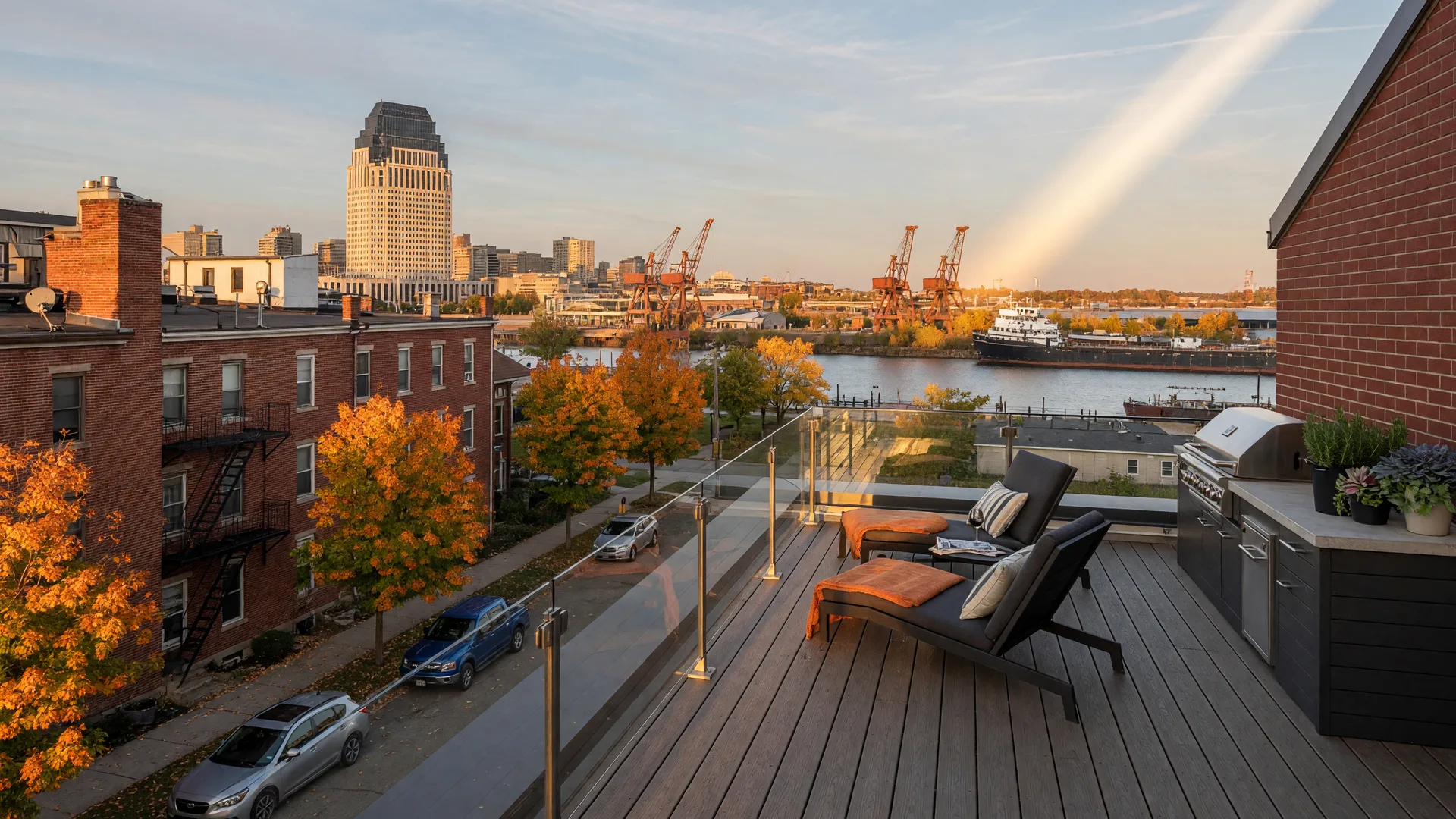 A rooftop deck on a brick townhome in Ohio City, Cleveland on a clear autumn late afternoon, composite deck boards and a glass railing with the downtown skyline across the Cuyahoga River in the distance and maples turning orange and gold