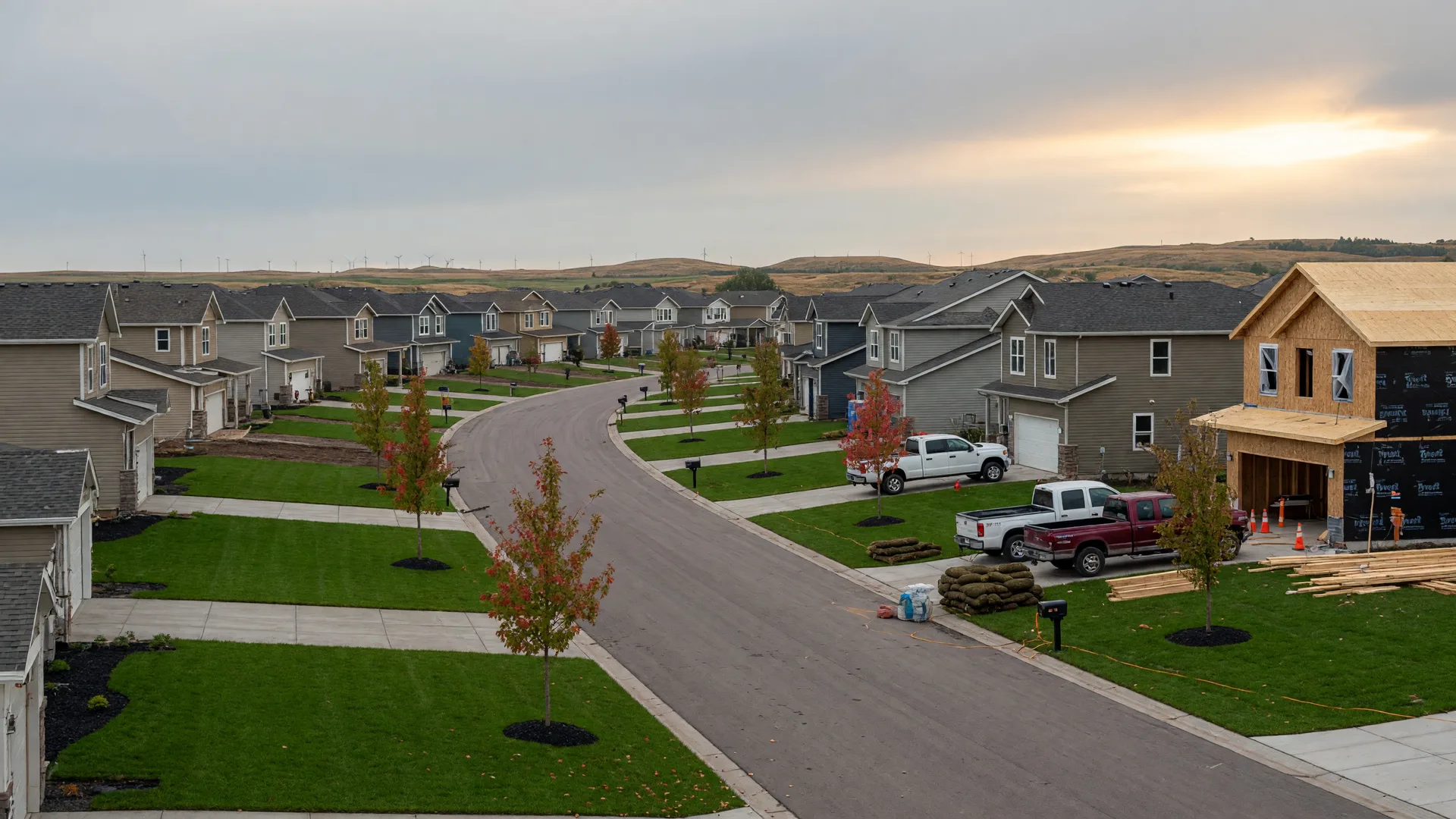 Rows of new two-story homes on a freshly built street on the east side of Sioux Falls