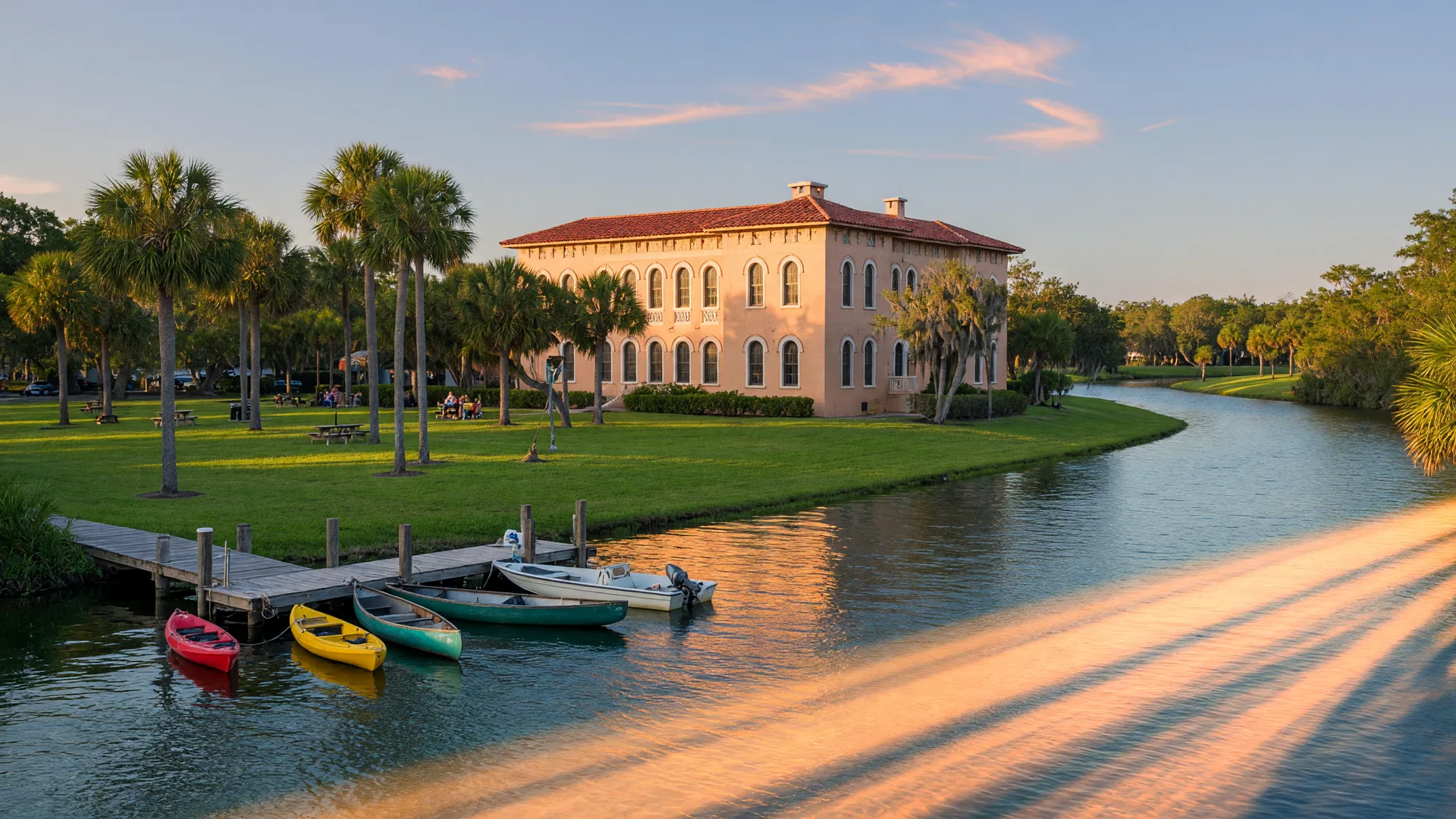 Downtown New Port Richey at golden hour along the Cotee River,with Sims Park lawns,palm trees,and moored boats in the water