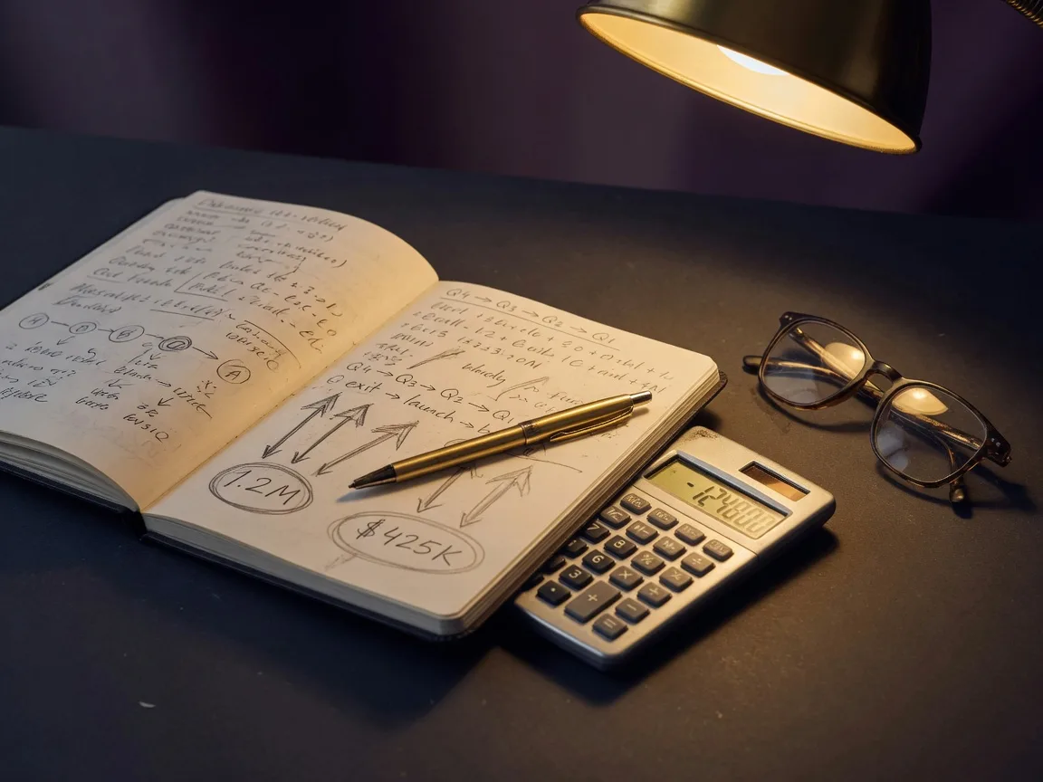A calculator and a notebook of handwritten figures on a charcoal desk, the plan built backward from life's real number