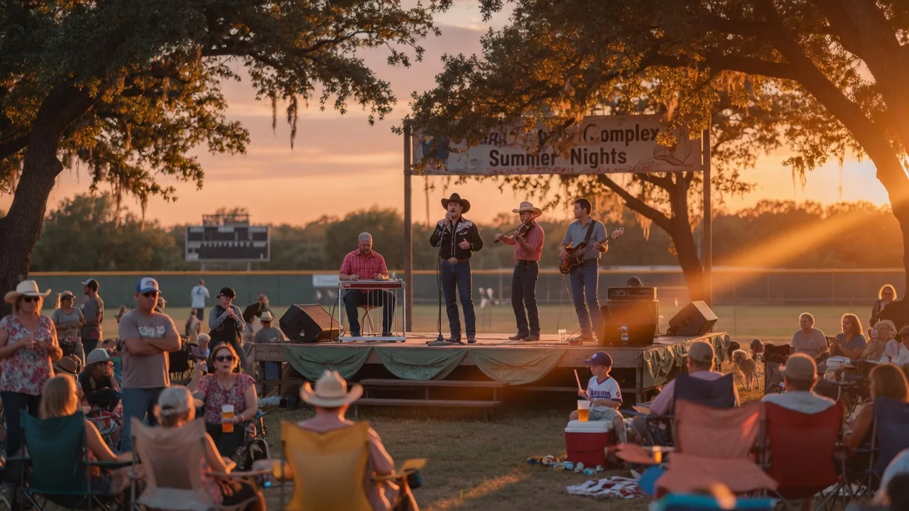 Country music band performing on an outdoor stage in rural Texas during golden hour with a crowd gathered on the lawn