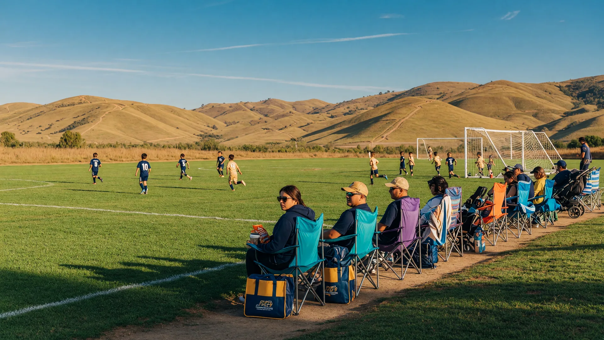Youth soccer players on a bright green field at a Murrieta community sports park, with parents on the sideline and golden foothills behind