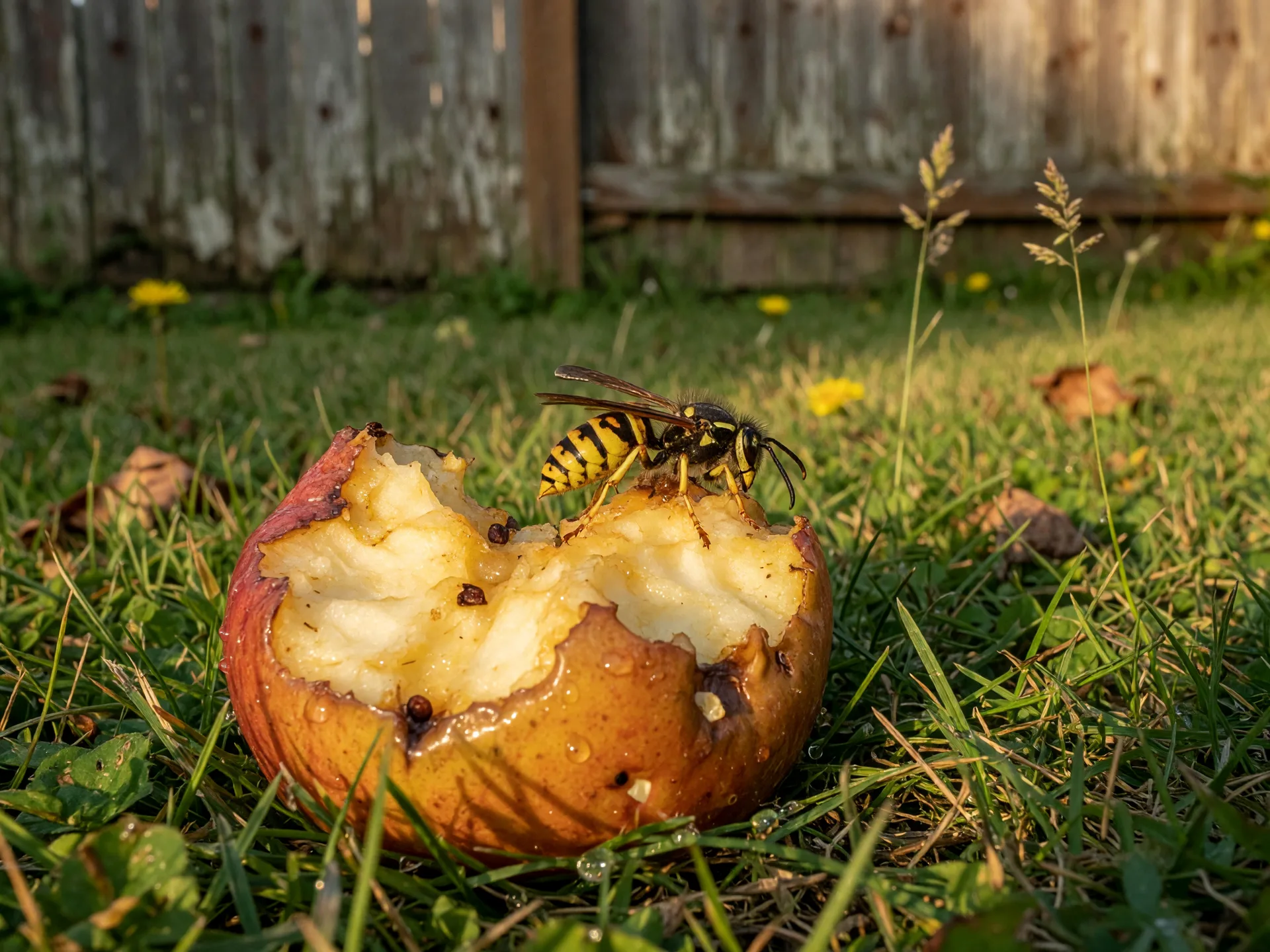 A yellowjacket wasp perched on a fallen apple in a grassy backyard near Victoria on a golden late summer afternoon