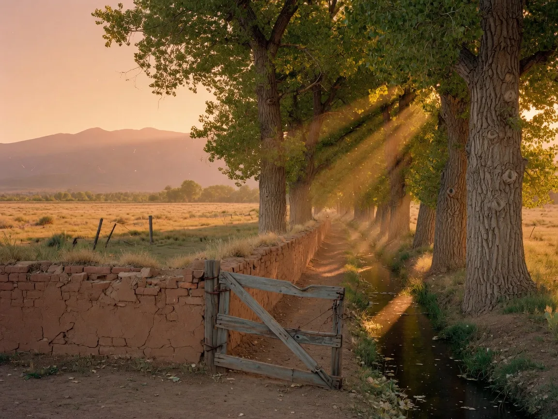 A quiet cottonwood-lined lane beside an acequia in Corrales, New Mexico at golden hour