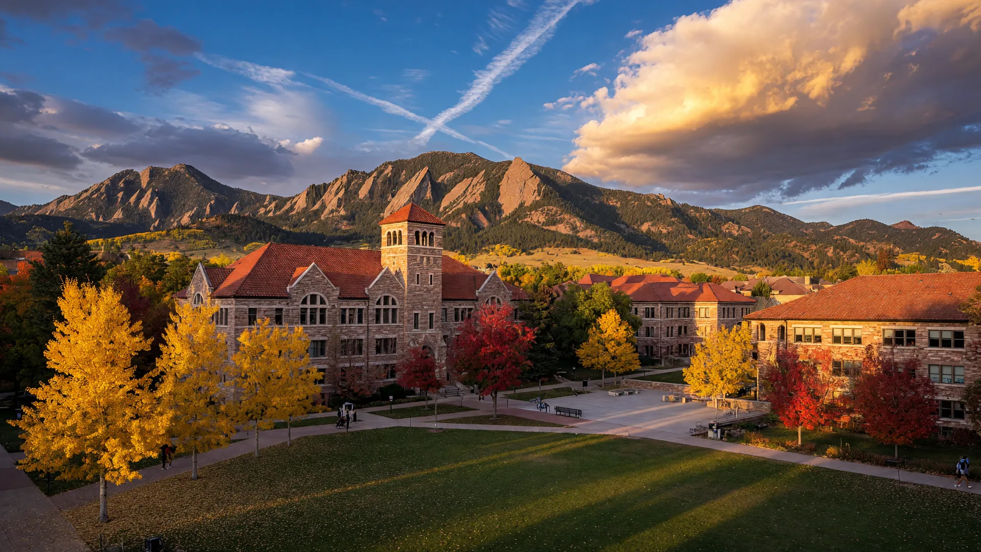 University of Colorado Boulder campus with fall foliage and Flatirons