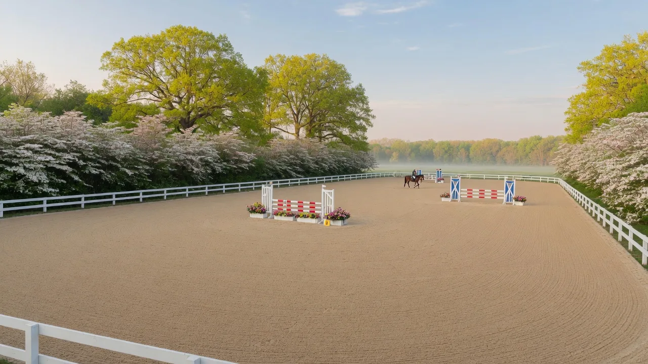A freshly groomed sand show ring with white hunter jumps set up under flowering dogwoods and oaks, with a lone distant horse schooling for the spring season